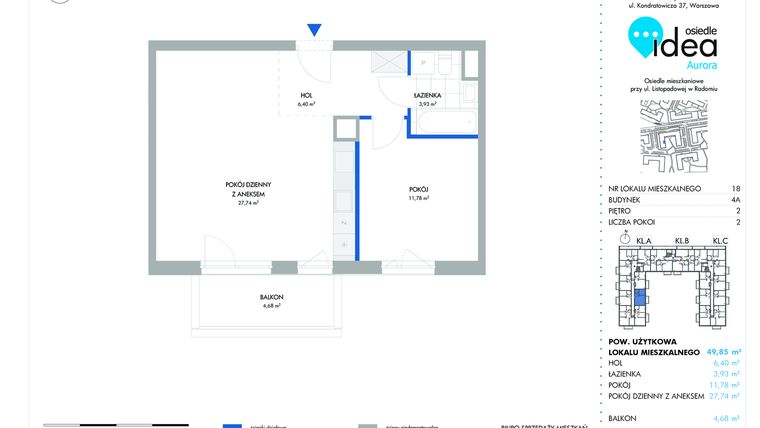 Rzut - Mieszkanie na sprzedaż 2 pokoje o powierzchni 50,02 m² - numer 18.4A w Osiedle Idea Aurora