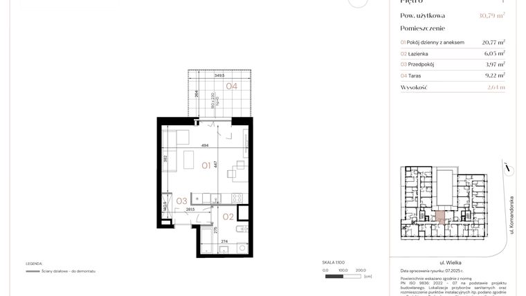 Rzut - Mieszkanie na sprzedaż 1 pokój o powierzchni 30,79 m² - numer A/1/02 w Wielka 16