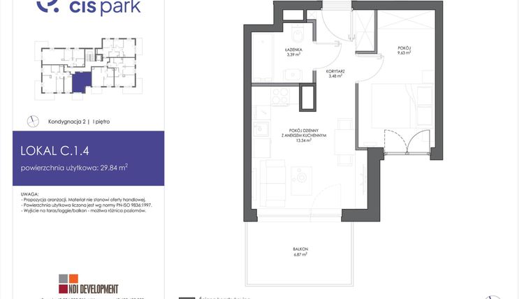 Rzut - Mieszkanie na sprzedaż 2 pokoje o powierzchni 29,84 m² - numer C.1.4 w CIS Park