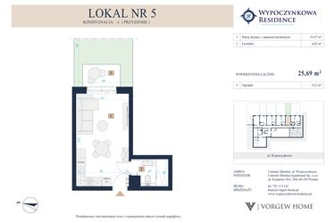 Rzut - Mieszkanie na sprzedaż 1 pokój o powierzchni 25,69 m² - numer 5 w Wypoczynkowa Residence - apartamenty inwestycyjne