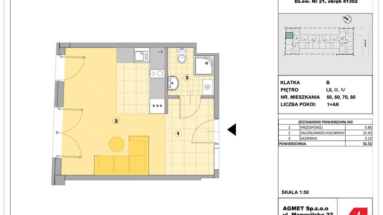 Rzut - Mieszkanie na sprzedaż 1 pokój o powierzchni 30,22 m² - numer 50 w Stalowa 65