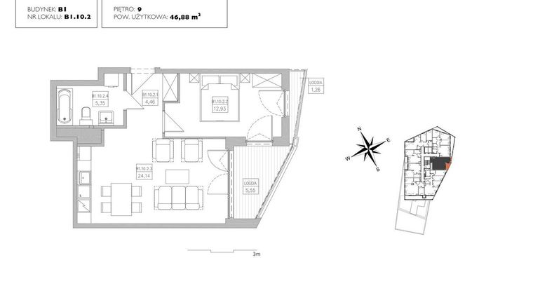 Rzut - Mieszkanie na sprzedaż 2 pokoje o powierzchni 46,88 m² - numer B1.10.2 w Alvarium 2.0