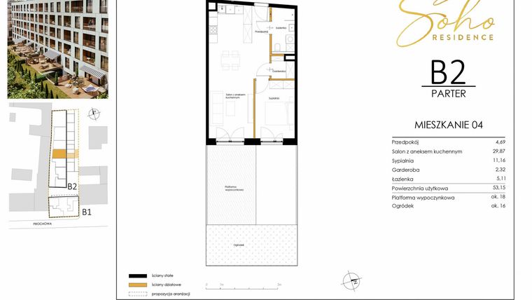 Rzut - Mieszkanie na sprzedaż 2 pokoje o powierzchni 53,15 m² - numer B2.04 w SoHo Residence II