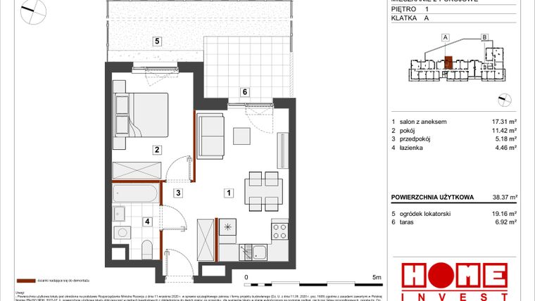 Rzut - Mieszkanie na sprzedaż 2 pokoje o powierzchni 38,37 m² - numer A-A014 w Warszawski Świt etap VII