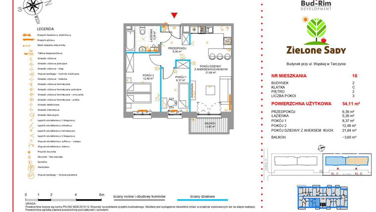 Rzut - Mieszkanie na sprzedaż 3 pokoje o powierzchni 54,11 m² - numer 18 w Zielone Sady etap II