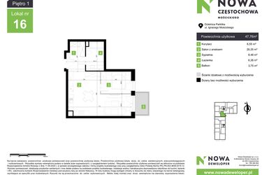 Rzut - Mieszkanie na sprzedaż 2 pokoje o powierzchni 47,76 m² - numer M16 w Nowa Częstochowa Mościckiego