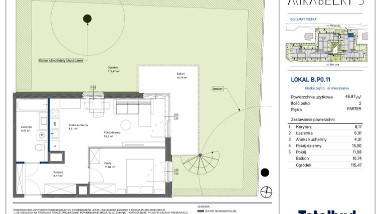 Rzut - Mieszkanie na sprzedaż 2 pokoje o powierzchni 46,87 m² - numer B.P0.11 w Mirabelki 5