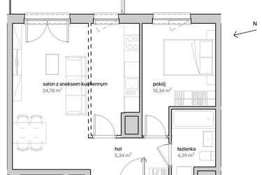 Rzut - Mieszkanie na sprzedaż 2 pokoje o powierzchni 44,85 m² - numer A.03.035 w Unii Lubelskiej Vita