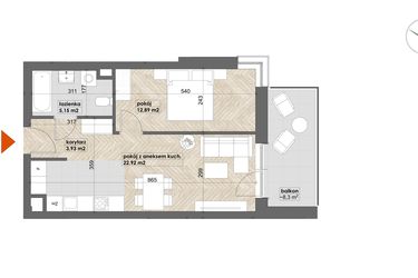 Rzut - Mieszkanie na sprzedaż 2 pokoje o powierzchni 44,89 m² - numer 34 w Apartamenty Śródmieście