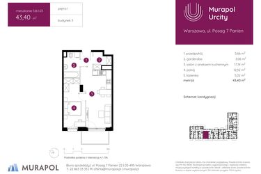 Rzut - Mieszkanie na sprzedaż 2 pokoje o powierzchni 43,4 m² - numer 3.B.1.03 w Murapol Urcity