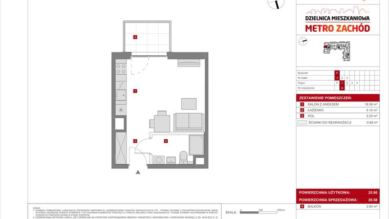 Rzut - Mieszkanie na sprzedaż 1 pokój o powierzchni 26,58 m² - numer F.9 w Dzielnica Mieszkaniowa Metro Zachód - etap 8