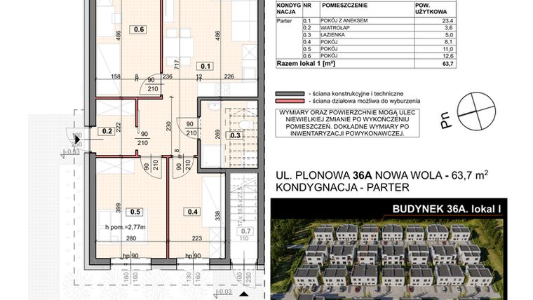 Rzut - Mieszkanie na sprzedaż 4 pokoje o powierzchni 63,7 m² - numer 36A/1 w Zespół willowy Zielona Polana - etap 6
