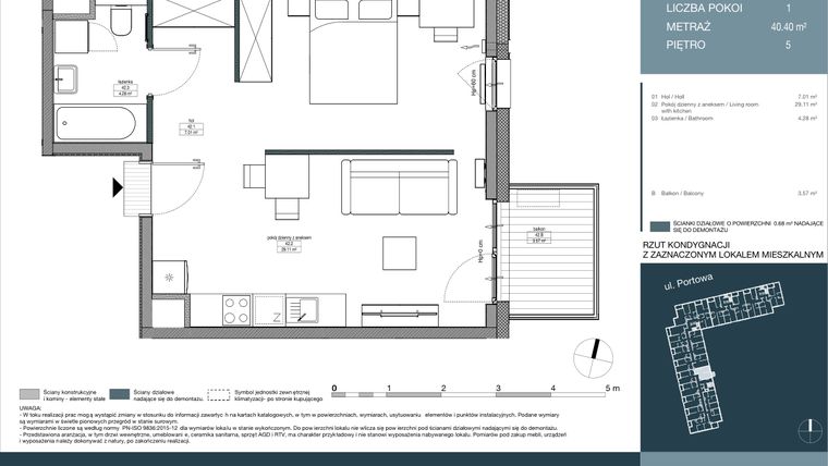 Rzut - Mieszkanie na sprzedaż 1 pokój o powierzchni 40,4 m² - numer 42 w Portowa Zabłocie