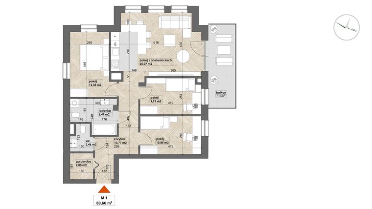 Rzut - Mieszkanie na sprzedaż 4 pokoje o powierzchni 80,66 m² - numer 1 w Apartamenty Śródmieście