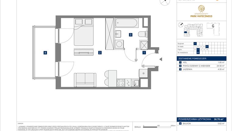 Rzut - Mieszkanie na sprzedaż 1 pokój o powierzchni 30,7 m² - numer F-63 w Apartamenty Park Matecznego Etap 2