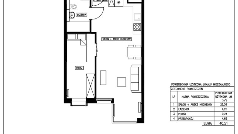 Rzut - Mieszkanie na sprzedaż 2 pokoje o powierzchni 40,51 m² - numer 20 w Nowa Kurkowa