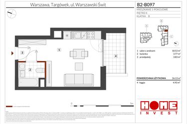 Rzut - Mieszkanie na sprzedaż 1 pokój o powierzchni 26,13 m² - numer B2-B097 w Warszawski Świt etap IX