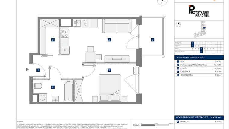 Rzut - Mieszkanie na sprzedaż 2 pokoje o powierzchni 42,55 m² - numer 24 w Przystanek Prądnik