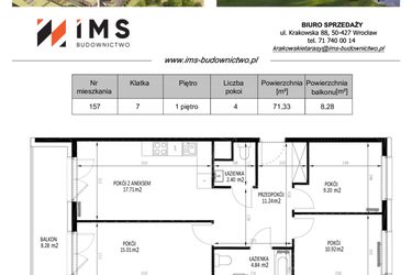 Rzut - Mieszkanie na sprzedaż 4 pokoje o powierzchni 71,38 m² - numer 157 w Krakowskie Tarasy etap V