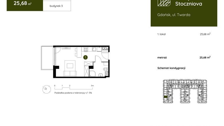 Rzut - Mieszkanie na sprzedaż 1 pokój o powierzchni 25,68 m² - numer 3.A.1.05 w Murapol Stoczniova