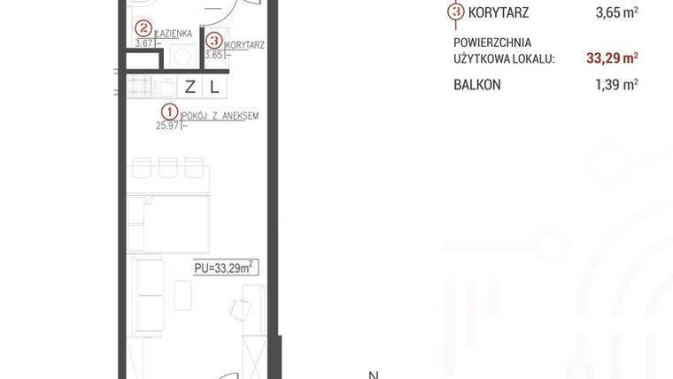 Rzut - Mieszkanie na sprzedaż 1 pokój o powierzchni 33,29 m² - numer 124 w Wróblewskiego 1