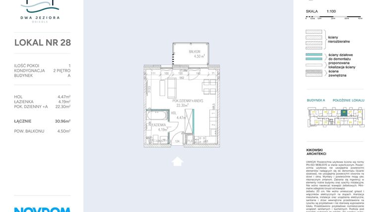 Rzut - Mieszkanie na sprzedaż 1 pokój o powierzchni 30,96 m² - numer A.28 w Dwa Jeziora