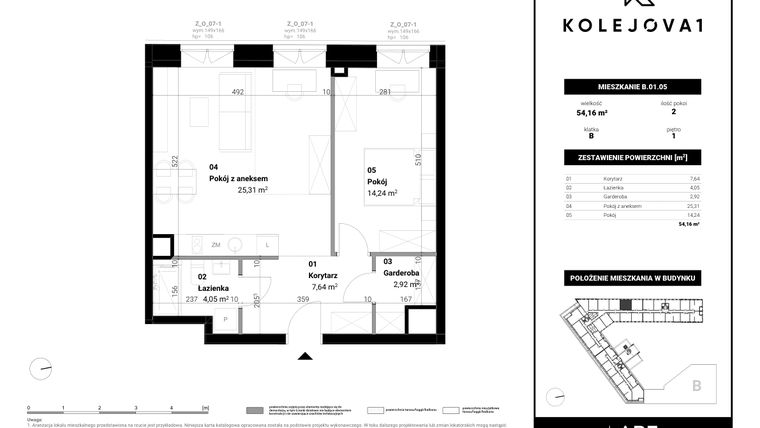Rzut - Mieszkanie na sprzedaż 2 pokoje o powierzchni 54,16 m² - numer B-01-05 w Kolejova 1
