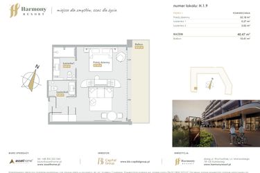 Rzut - Mieszkanie na sprzedaż 1 pokój o powierzchni 40,47 m² - numer H.1.9 w Harmony Resort
