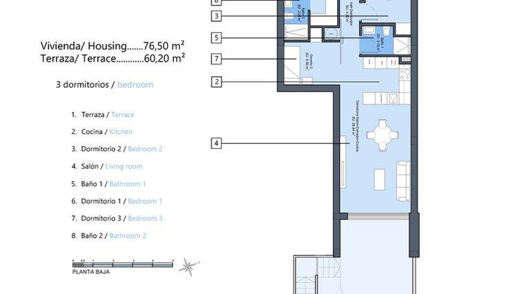 Rzut - Dom na sprzedaż 3 pokoje o powierzchni 76,5 m² - numer B1.PB.B w Domy con Dolores - 65433933