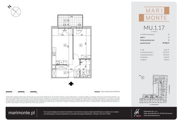 Rzut - Mieszkanie na sprzedaż 2 pokoje o powierzchni 47,93 m² - numer MU.1.17 w Marimonte - apartamenty inwestycyjne