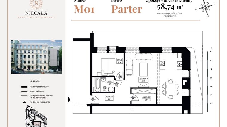 Rzut - Mieszkanie na sprzedaż 2 pokoje o powierzchni 58,74 m² - numer 1 w Niecała Prestige Residence