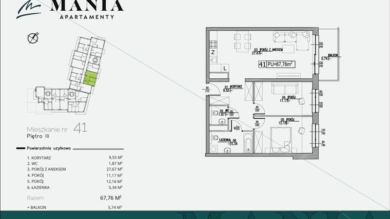 Rzut - Mieszkanie na sprzedaż 3 pokoje o powierzchni 67,76 m² - numer 41 w MANIA Apartamenty