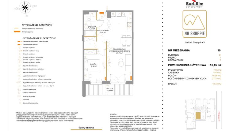 Rzut - Mieszkanie na sprzedaż 2 pokoje o powierzchni 51,15 m² - numer B19 w Na Skarpie bud. B