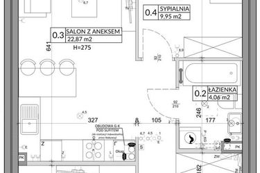 Rzut - Mieszkanie na sprzedaż 3 pokoje o powierzchni 57,39 m² - numer 63A w Osiedle Młodych etap X