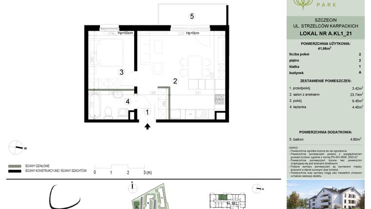 Rzut - Mieszkanie na sprzedaż 2 pokoje o powierzchni 41,06 m² - numer A.1.21 w Bukovo Park