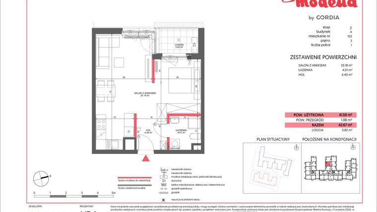 Rzut - Mieszkanie na sprzedaż 1 pokój o powierzchni 41,59 m² - numer A.103 w Modena II