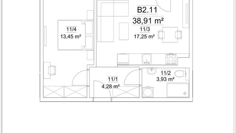 Rzut - Mieszkanie na sprzedaż 2 pokoje o powierzchni 38,91 m² - numer B2.11 w Osiedle Versus