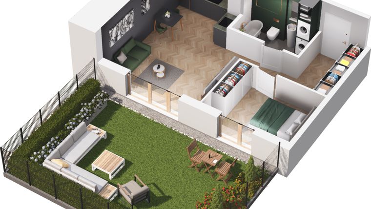 Rzut - Mieszkanie na sprzedaż 2 pokoje o powierzchni 44,83 m² - numer A3.100.M02 w Mieszkaj w mieście - Ogrody Glogera