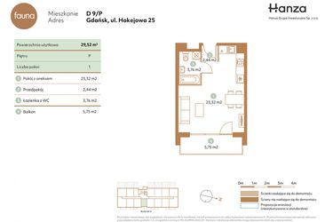 Rzut - Mieszkanie na sprzedaż 1 pokój o powierzchni 29,52 m² - numer D9-P w Fauna
