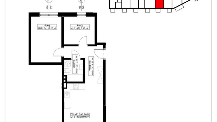 Rzut - Mieszkanie na sprzedaż 3 pokoje o powierzchni 56,08 m² - numer 12 w Światowida 61B