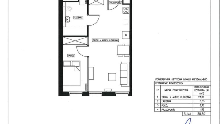 Rzut - Mieszkanie na sprzedaż 2 pokoje o powierzchni 38,89 m² - numer 21 w Nowa Kurkowa