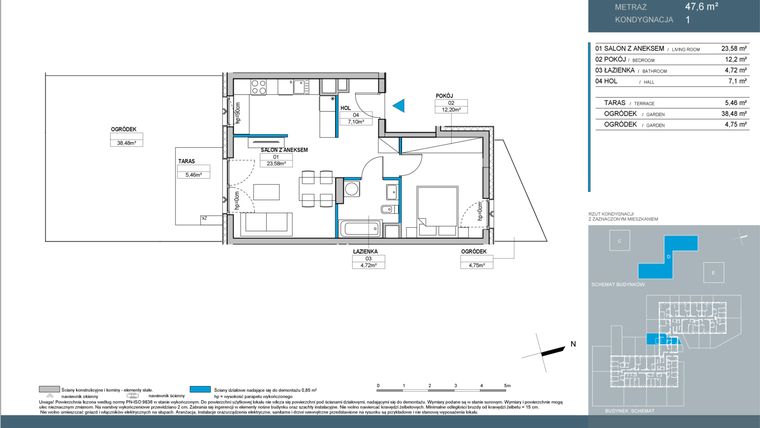 Rzut - Mieszkanie na sprzedaż 2 pokoje o powierzchni 44,37 m² - numer D2.1.01 w Nordic Bemowo - etap IV