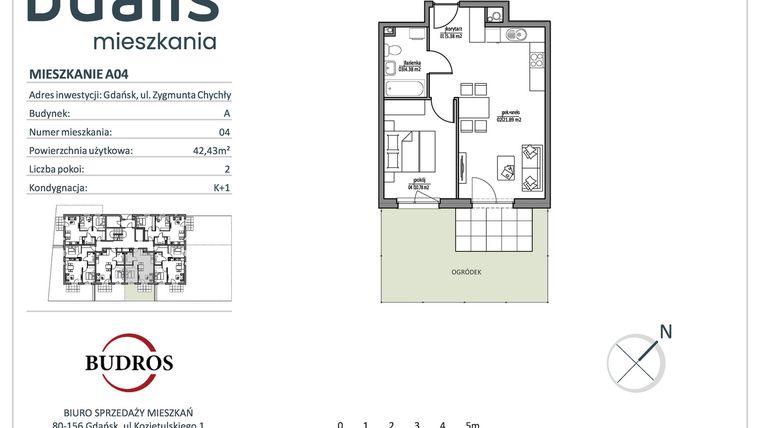 Rzut - Mieszkanie na sprzedaż 2 pokoje o powierzchni 42,35 m² - numer A04 w Dualis