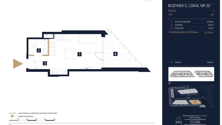 Rzut - Mieszkanie na sprzedaż 1 pokój o powierzchni 29,78 m² - numer C20 w Rezydencja Zegrze etap III