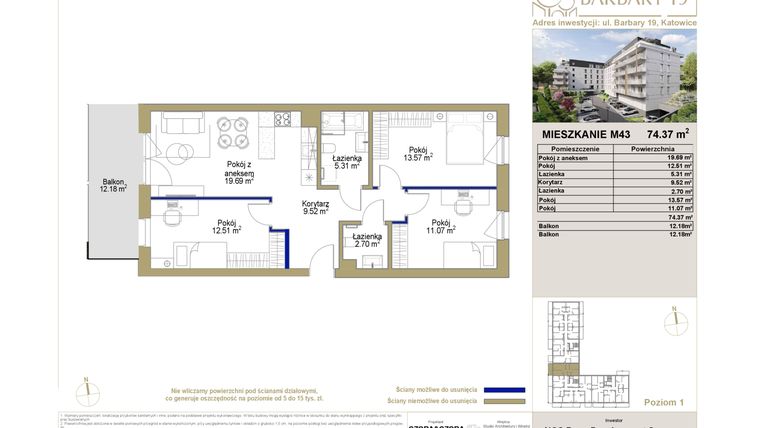 Rzut - Mieszkanie na sprzedaż 4 pokoje o powierzchni 74,37 m² - numer 43 w Barbary 19