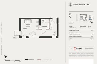 Rzut - Mieszkanie na sprzedaż 1 pokój o powierzchni 31,05 m² - numer 4.9 w Kamienna 28 - apartamenty inwestycyjne