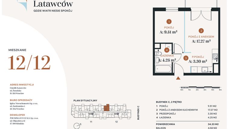 Rzut - Mieszkanie na sprzedaż 2 pokoje o powierzchni 34,33 m² - numer C12-12 w Osiedle Latawców