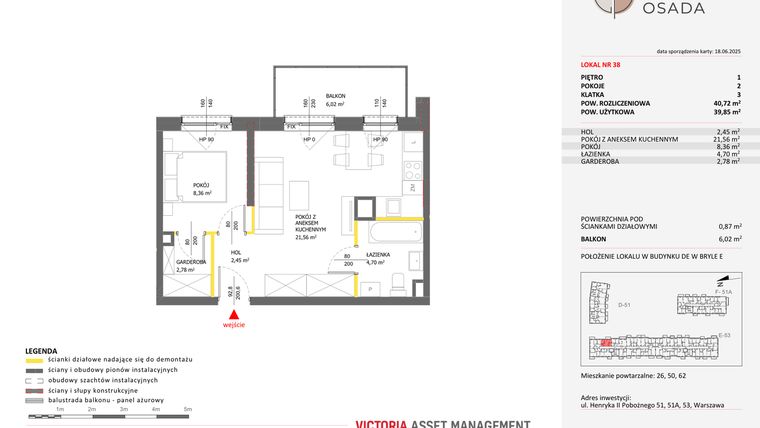Rzut - Mieszkanie na sprzedaż 2 pokoje o powierzchni 40,72 m² - numer E.38 w Piastova Osada