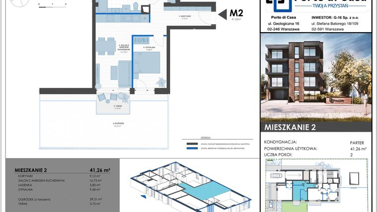 Rzut - Mieszkanie na sprzedaż 2 pokoje o powierzchni 41,26 m² - numer M2 w Porto di Casa - Twoja przystań
