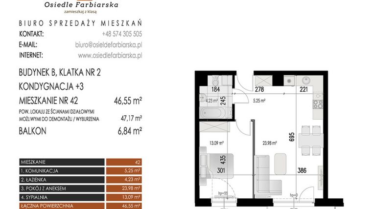 Rzut - Mieszkanie na sprzedaż 2 pokoje o powierzchni 46,55 m² - numer 42B w Osiedle Farbiarska II